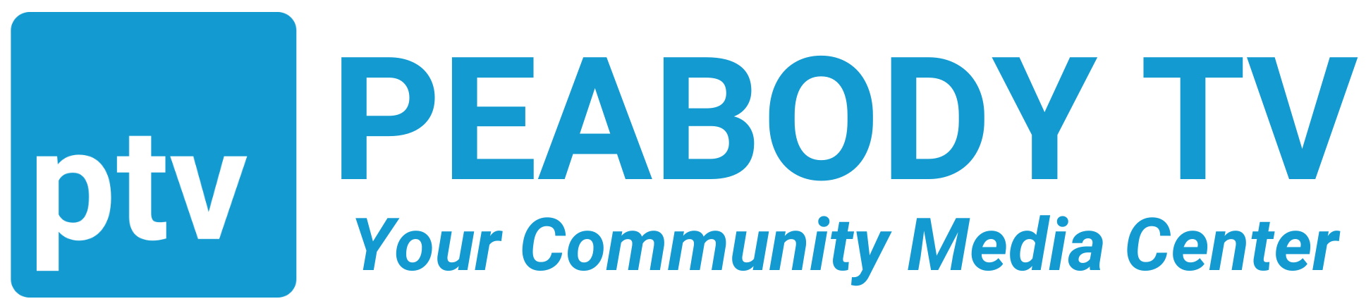 Logo with a blue square containing white lowercase letters “ptv.” To the right, “PEABODY TV” in large blue, with “Your Community Media Center” below. Promotes events like Coffee with the Collective. Background is light gray.