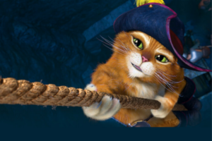An animated orange cat in a hat and boots climbs a thick rope, looking upward with a focused expression. Blue stone walls hint at an Essex County adventure, adding mystery to this Sevenings-inspired scene.