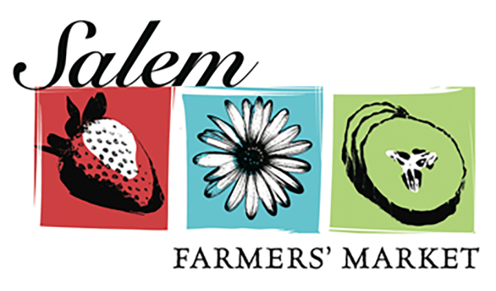 Logo for Salem Farmers’ Market with a strawberry, a daisy, and a sliced green fruit in colored squares. The word “Salem” is written in cursive above the images, and “Farmers’ Market” appears below them in uppercase letters.
