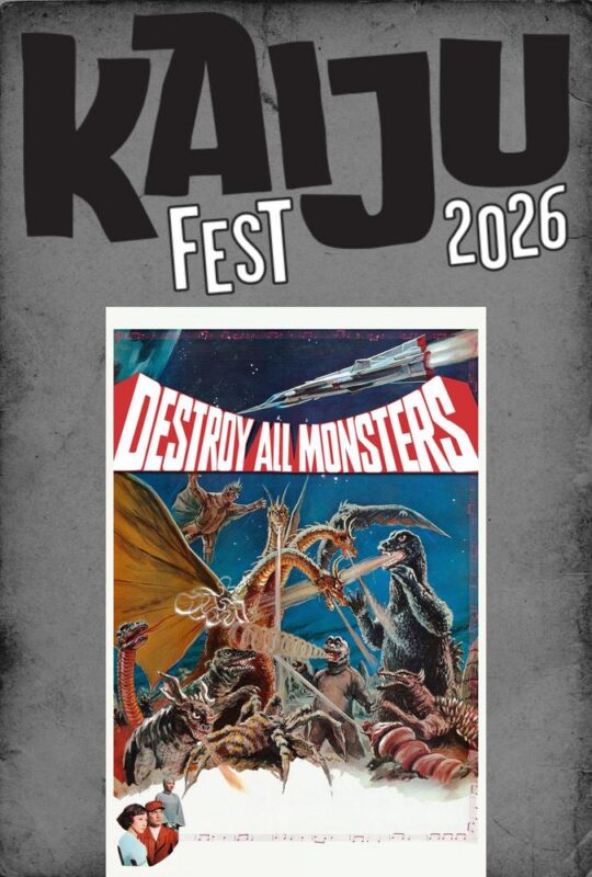 A festival poster reads “Kaiju Fest 2026” above a vintage Destroy All Monsters movie poster, featuring colossal monsters clashing as military vehicles attack. Two tiny human figures stand in the lower corner, highlighting the epic scale of this Kaiju Festival.