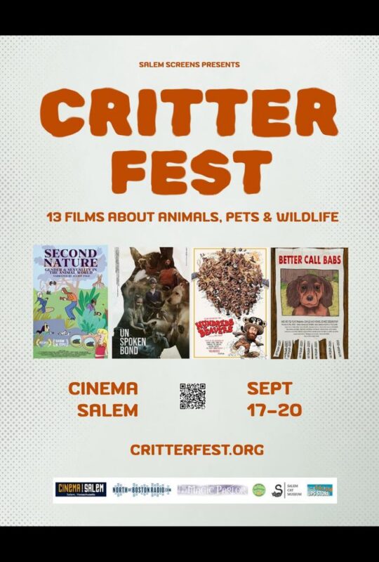 Poster for Critter Fest, a film festival featuring 13 movies about animals, pets, and wildlife. Four film covers are shown. Event is at Cinema Salem, September 17-20. Event website and sponsor logos appear at the bottom.