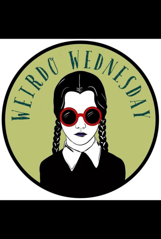A graphic of a girl with braided hair, round red sunglasses, and a collared shirt is centered inside a green circle. “Weirdo Wednesdays” curves along the top in bold, stylized letters for an eye-catching weekly theme.
