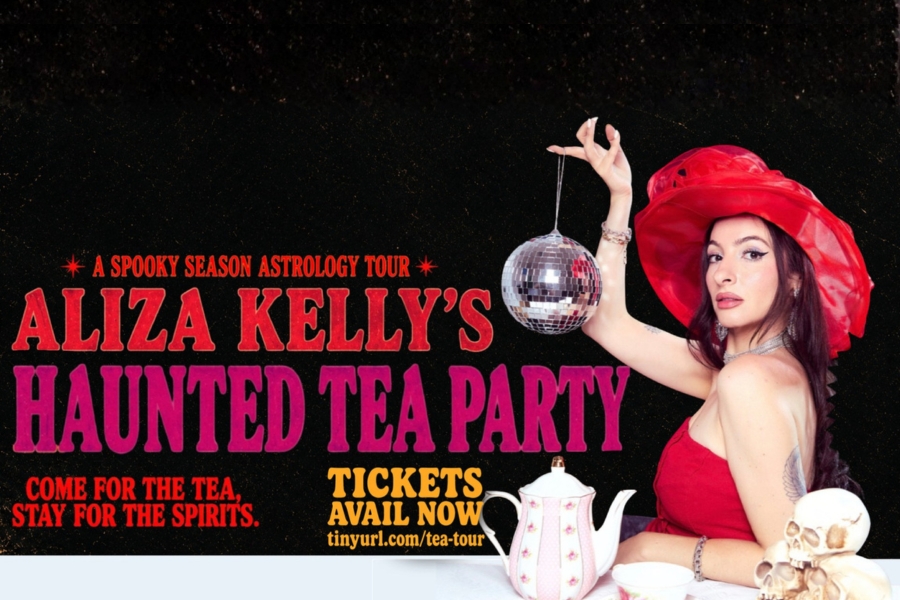 A woman in a red dress and hat holds a small disco ball above a teapot. The text reads: “Aliza Kelly’s Haunted Tea Party: A Spooky Season Astrology Tour. Come for the tea, stay for the spirits. Tickets avail now tinyurl.com/tea-tour.” A skull is on the table.