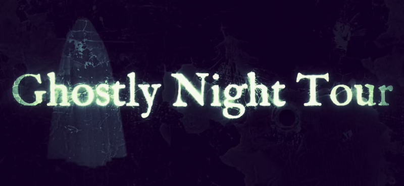 Text reads “Ghostly Night Tour” in glowing letters on a dark background. A faint, transparent ghostly figure appears on the left side of the image.