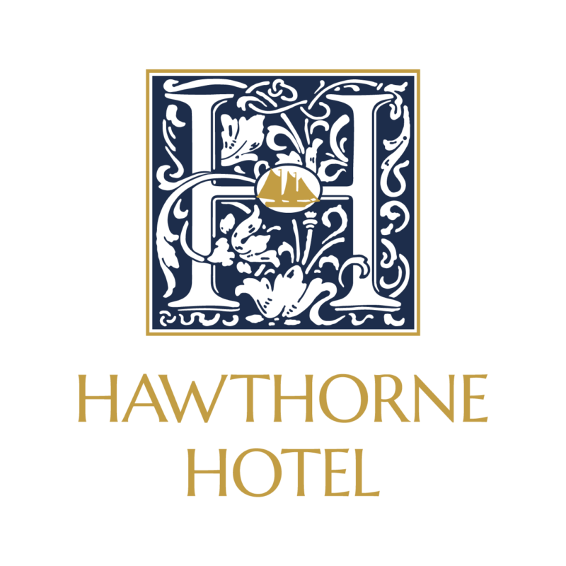 A decorative letter “H” with floral patterns in white on a navy background is above the gold text “HAWTHORNE HOTEL.” The elegant design highlights Nathaniel’s, where guests can enjoy fine dining and live entertainment in a charming setting.