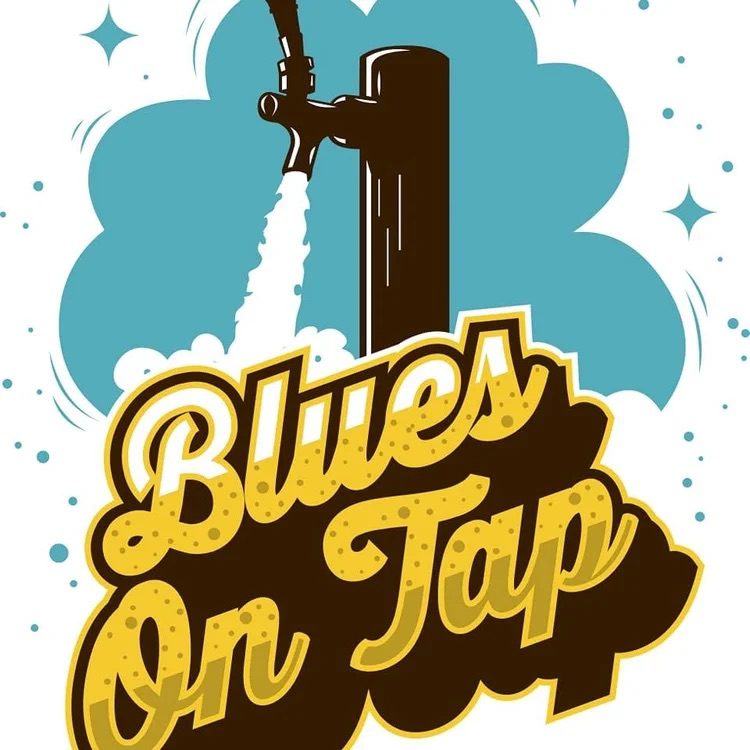 A stylized illustration of a beer tap pouring foam, with the words “Blues On Tap” in bold yellow and brown script in front. Blue bubbles and a cloud-shaped background appear behind the tap.