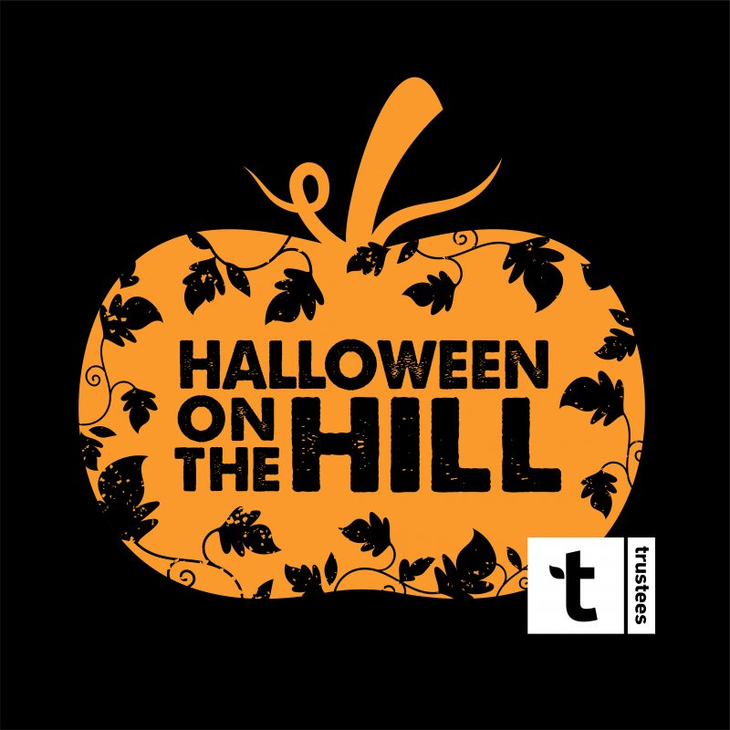 An orange pumpkin silhouette with leaf patterns features the text “Halloween on the Hill.” A white square in the bottom right corner shows a black lowercase “t” and the word “trustees.” The background is solid black.