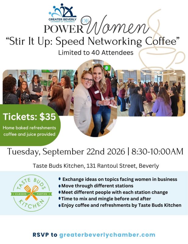 Flyer for “Power of Women: Stir It Up Speed Networking Event,” Sept 22, 2026, at Taste Buds Kitchen, Beverly. Includes ticket info, RSVP details, and event highlights with a vibrant photo of women connecting in a bright setting.