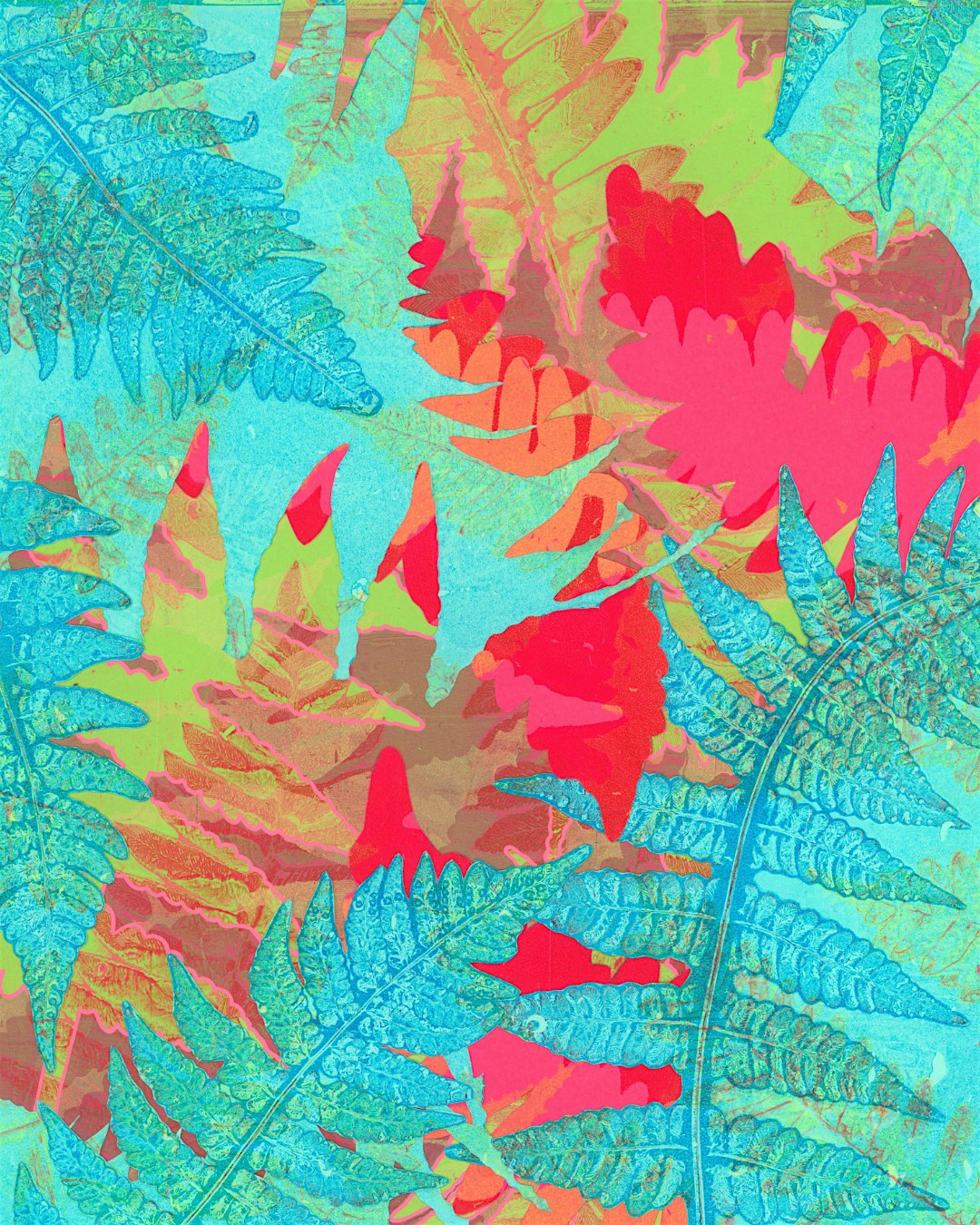 A colorful abstract image shows overlapping fern leaves in bright blue, red, pink, green, and orange hues, creating a layered tropical pattern with bold, contrasting colors. The texture appears hand-drawn and painterly.