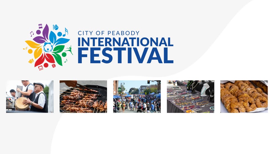 City of Peabody International Festival banner with colorful logo, musicians playing, skewers cooking, a crowded street, tables with jewelry and trays of pastries set the scene for the lively International Festival celebration.