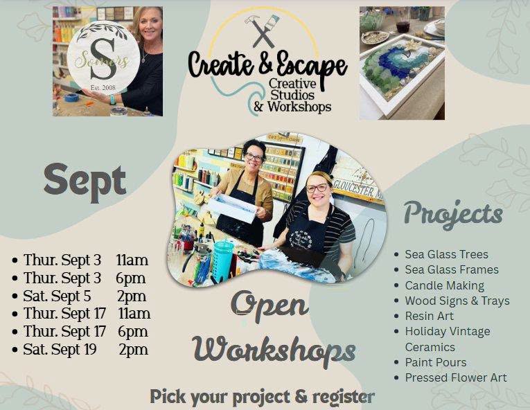 Flyer for Create & Escape Creative Studios lists September DIY workshops and open studio dates, projects like sea glass trees and resin art, studio logo, photos of people crafting, and a note to pick and register. Colors are teal, cream, and gray.