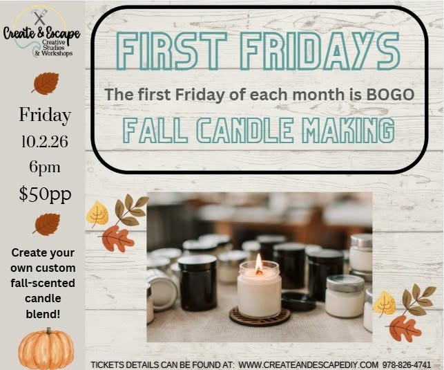 A digital flyer for a Fall Candle Making event by Create & Escape. Text details date, price, BOGO offer; images feature candles, an autumn leaf, and pumpkins. Includes contact and ticket info for this cozy Fall Workshop.