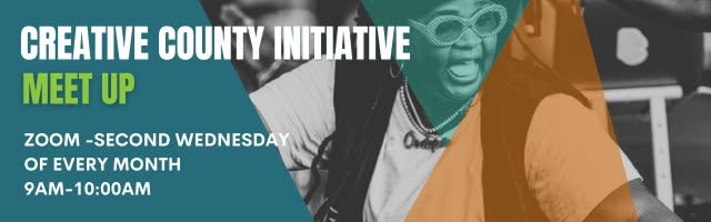 Banner for CCI Monthly Meetup on Zoom, the second Wednesday monthly, 9–10AM. Grayscale image of a smiling person playing guitar with teal and green text overlay. Join creatives at the Creative County Initiative Meet Up!.