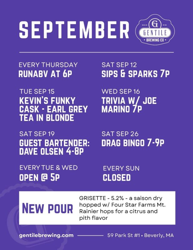 A purple event calendar for Gentile Brewing in September lists weekly and special events, new hours, and a featured drink. Highlights include trivia, bingo, and Guest Bartender nights with Dave Olsen. The address and website appear at the bottom.