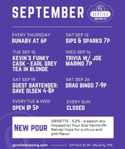 A brewery event calendar for September lists weekly and special events, including trivia, karaoke, Sevenings, guest bartender, and bingo nights. A highlight notes a new saison beer. The address and website for Gentile Brewing are shown at the bottom.