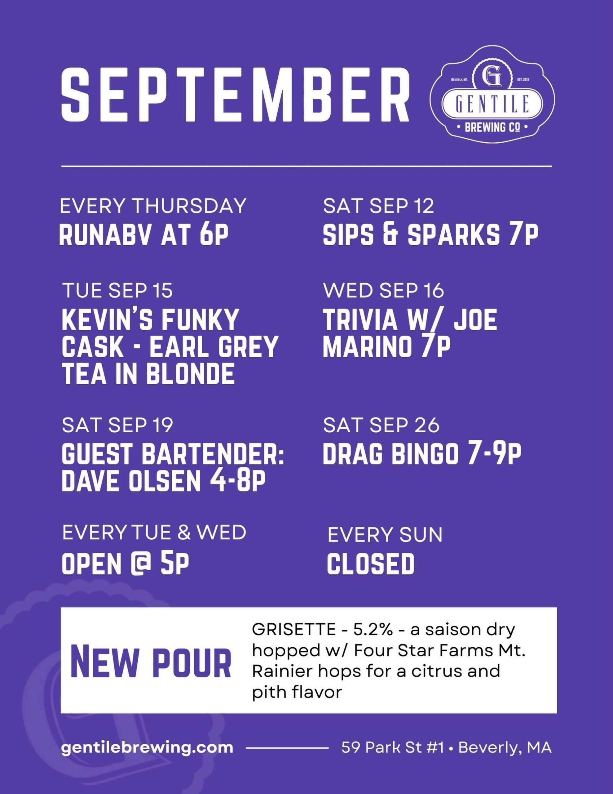 A purple event calendar for Gentile Brewing in September lists weekly and special events, new hours, and a featured drink. Highlights include trivia, bingo, and Guest Bartender nights with Dave Olsen. The address and website appear at the bottom.