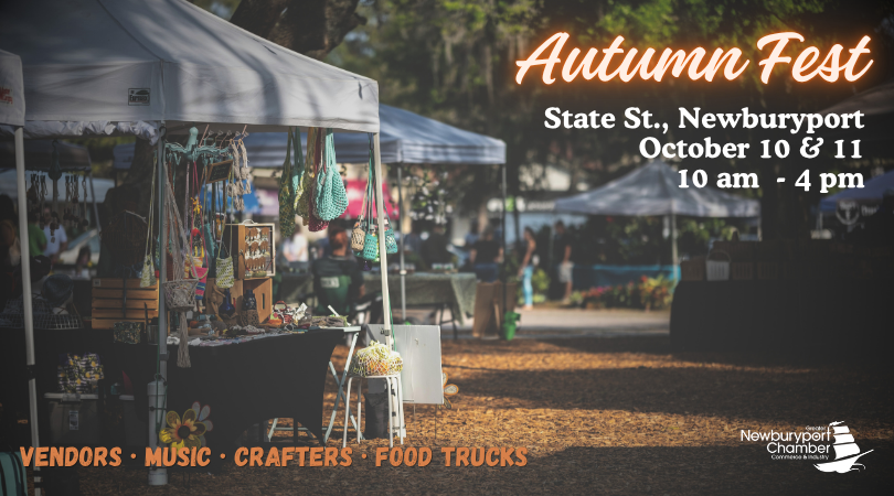 Enjoy the lively Autumn Fest as white tents line State St. in Newburyport. Browse crafts, savor food trucks, and hear live music under colorful fall trees. Join us October 10 & 11 for Autumn Fest 2026—fun for all ages! Newburyport Chamber logo shown.