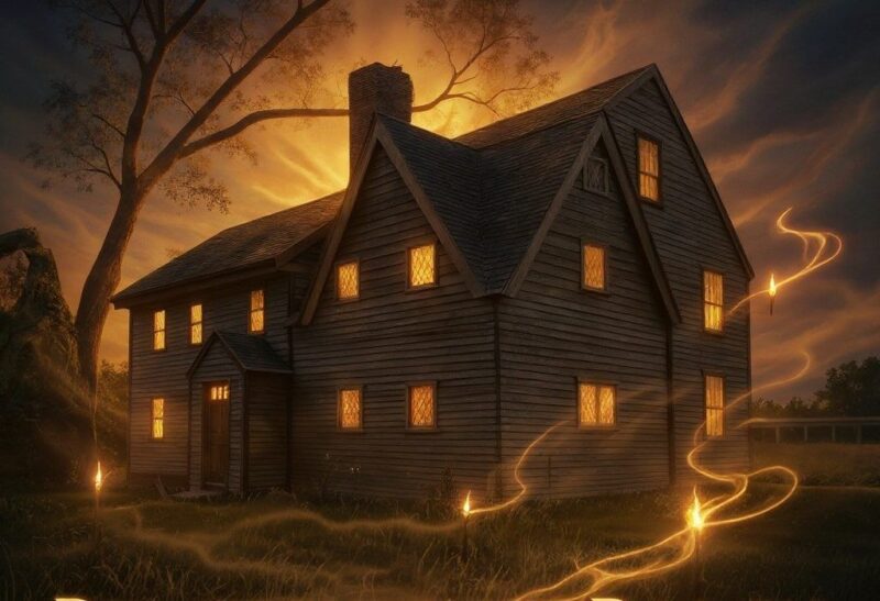 A two-story wooden house with lit windows glows warmly at dusk. Swirling golden light trails surround the house, and a large tree stands nearby under a dramatic, illuminated sky.
