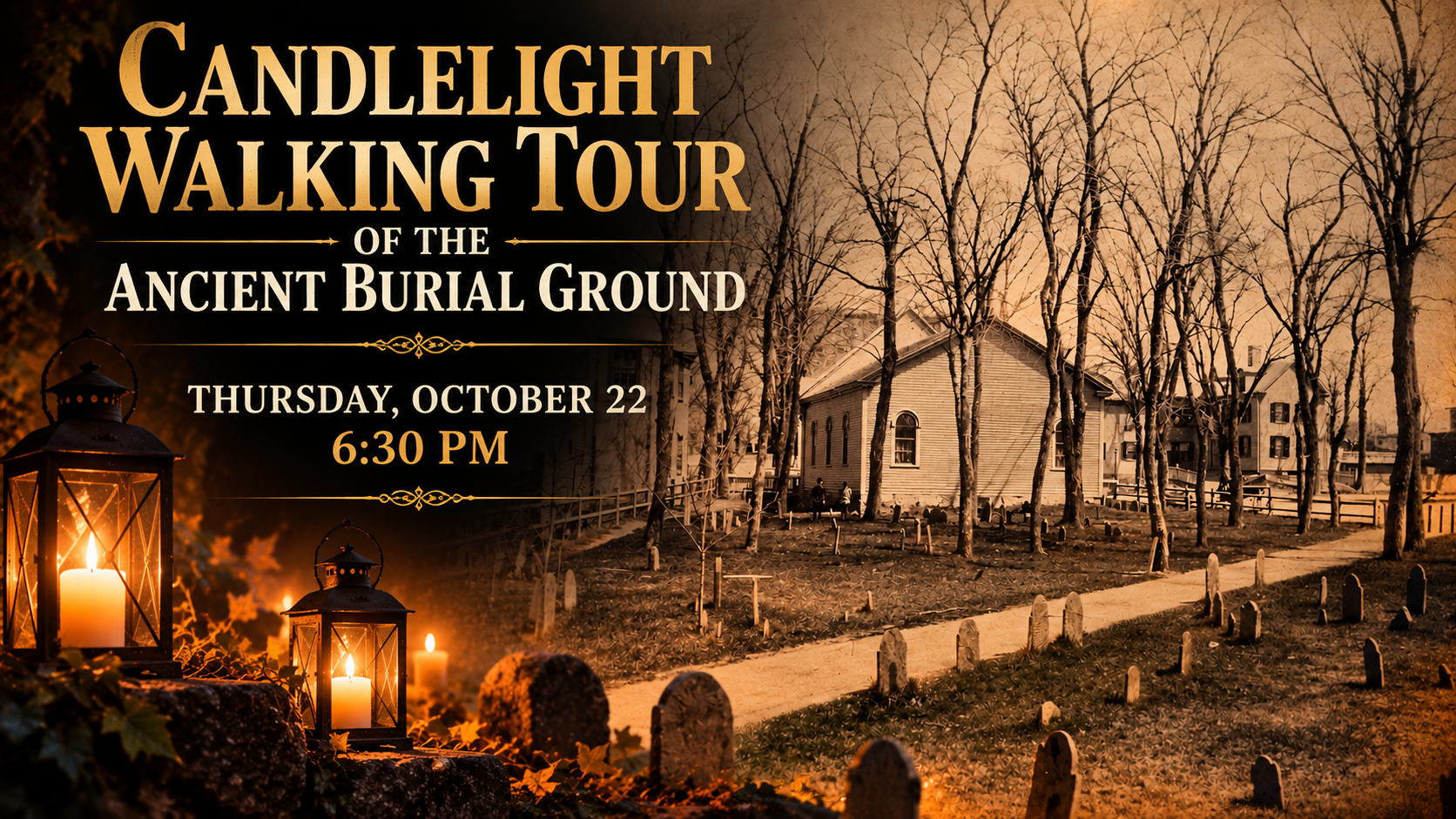 Lanterns light a path through an old cemetery with gravestones and leafless trees. A white building stands in the background. Text reads: “Candlelight Walking Tour of the Ancient Burial Ground, Thursday, October 22, 6:30 PM.”.