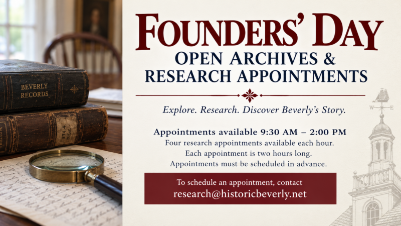 An informational flyer for Founders’ Day open archives and research appointments. Features vintage books, pen, and a contact email. Appointments are available 9:30 AM to 2:00 PM, must be scheduled in advance, with instructions for booking.