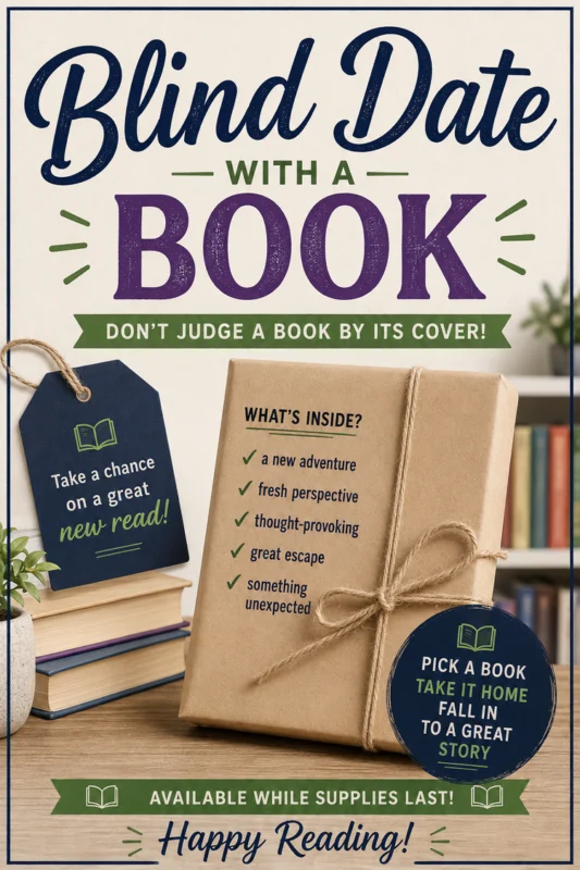 A brown paper-wrapped book with a tag saying, “Take a chance on a great new read!” sits on a table. Nearby are books and a sign listing surprises inside, encouraging readers to pick a book without seeing the cover.