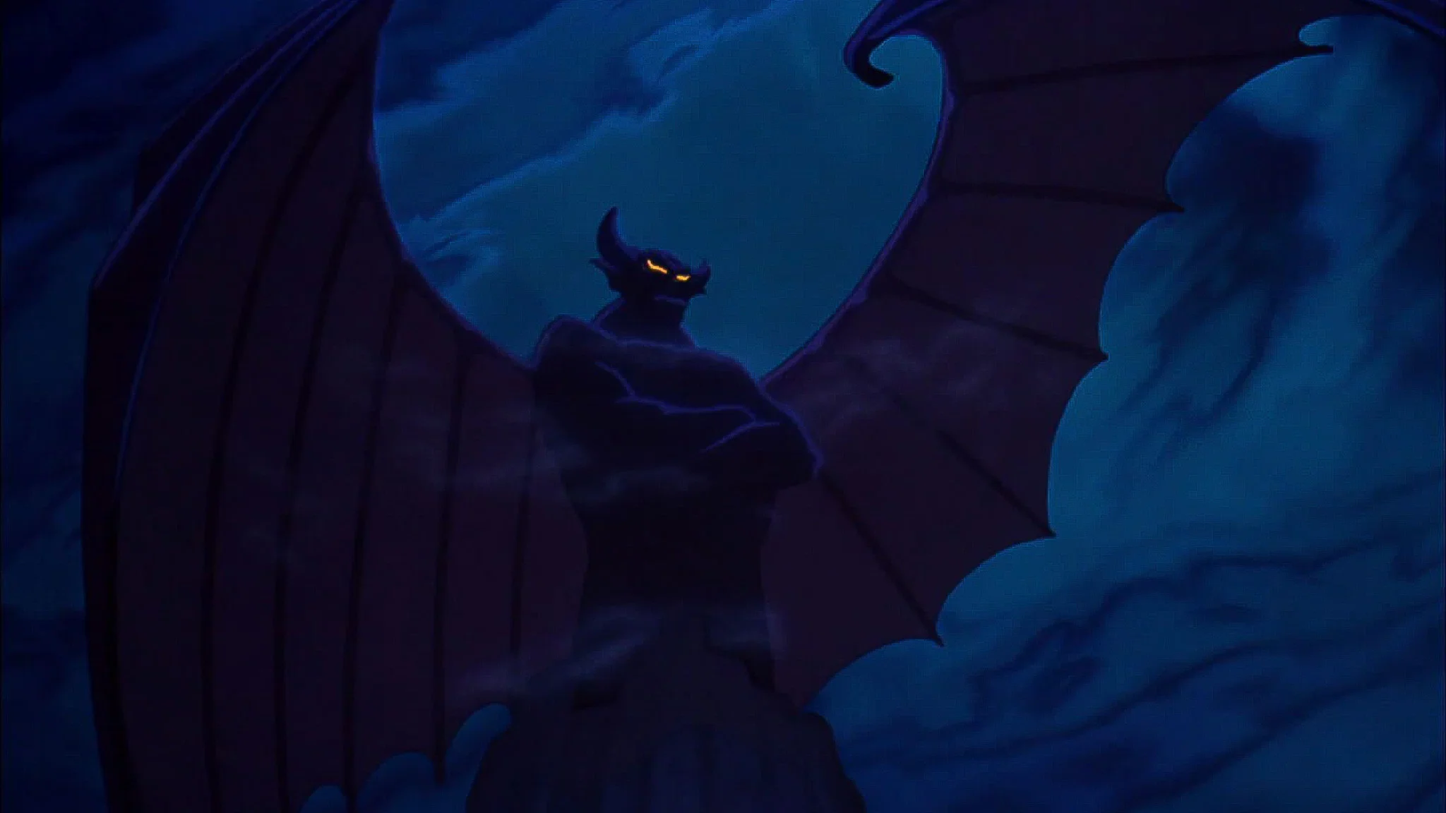 A large, dark, horned figure with glowing yellow eyes and bat-like wings stands with arms crossed against a cloudy, blue night sky.