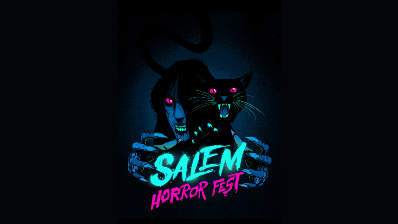 A dark figure with glowing eyes and sharp teeth holds a black cat with pink eyes. Neon blue and pink text screams “Salem Horror Fest,” matching the high-contrast palette and horror-inspired atmosphere.