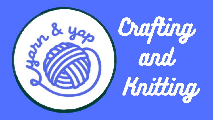 Logo with a ball of yarn and the text “Yarn & yap” inside a circle, next to the words “Crafting and Knitting” on a blue background.