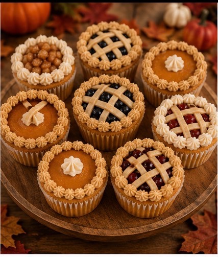 Nine cupcakes decorated to look like mini pies sit on a round wooden tray. Designs include lattice tops, whipped cream swirls, and piped borders. The background has pumpkins and autumn leaves, creating a fall or Thanksgiving theme.