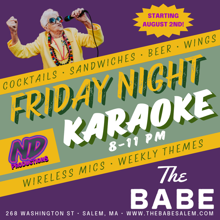 A person sings into a microphone, rocking sunglasses and headphones. Friday Night Karaoke at The Babe in Salem, MA—join us 8–11 PM for cocktails, sandwiches, beer, wings, weekly themes! Event kicks off August 2nd.