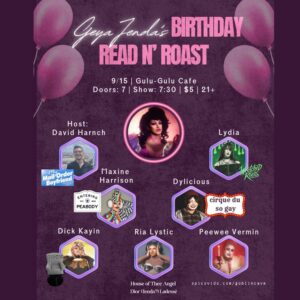 Event flyer for “Geya Jenda’s Birthday Read N’ Roast” at Gulu-Gulu Cafe on 9/15, part of Sevenings and CCE Nightlife. Purple balloons, hosts and performers’ names, event info: doors 7pm, $5 entry, 21+, Essex County location.