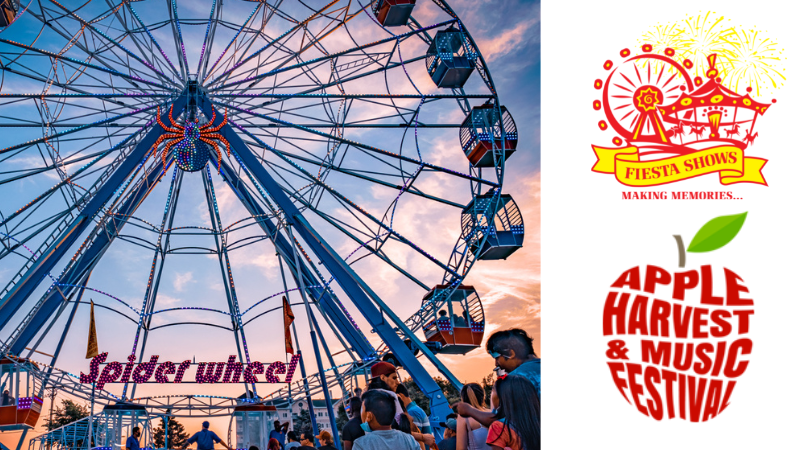 A Ferris wheel labeled “Spider Wheel” at sunset, with people nearby. To the right, logos for “Fiesta Shows” and “Glastonbury Apple Harvest & Music Festival” are displayed on a white background.
