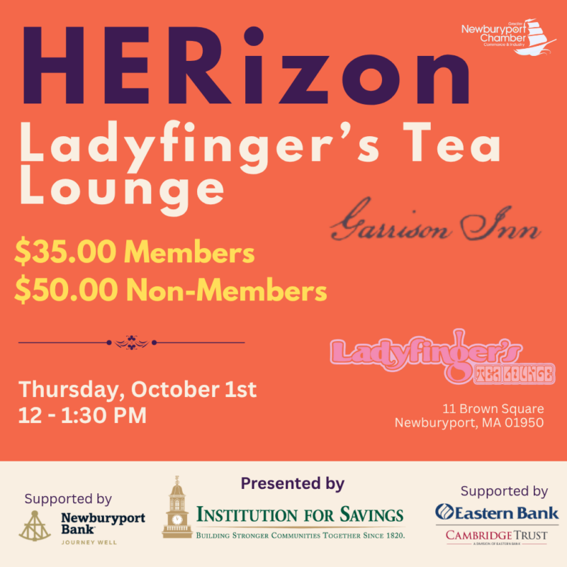 Event flyer for “HERizon Ladyfinger’s Tea Lounge” at Garrison Inn, Oct 1, 12-1:30 PM. Join Ladies who Lunch! $35 members/$50 non-members. Orange, yellow & purple scheme. Location and sponsors listed below.