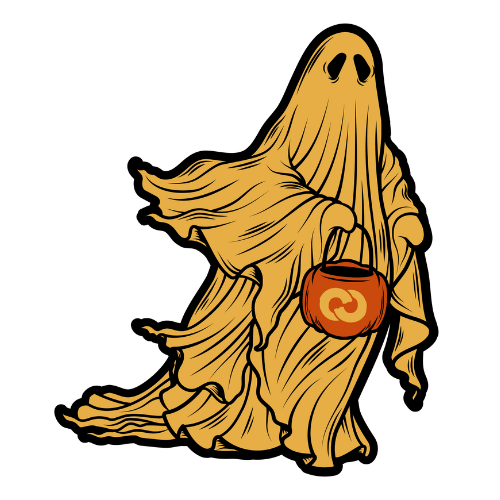 A ghost draped in a flowy, orange sheet holds an orange pumpkin-shaped bucket. The ghost’s face is hidden except for two black eye holes. The sheet has rippling folds, and the bucket has a swirl pattern. The background is plain white.