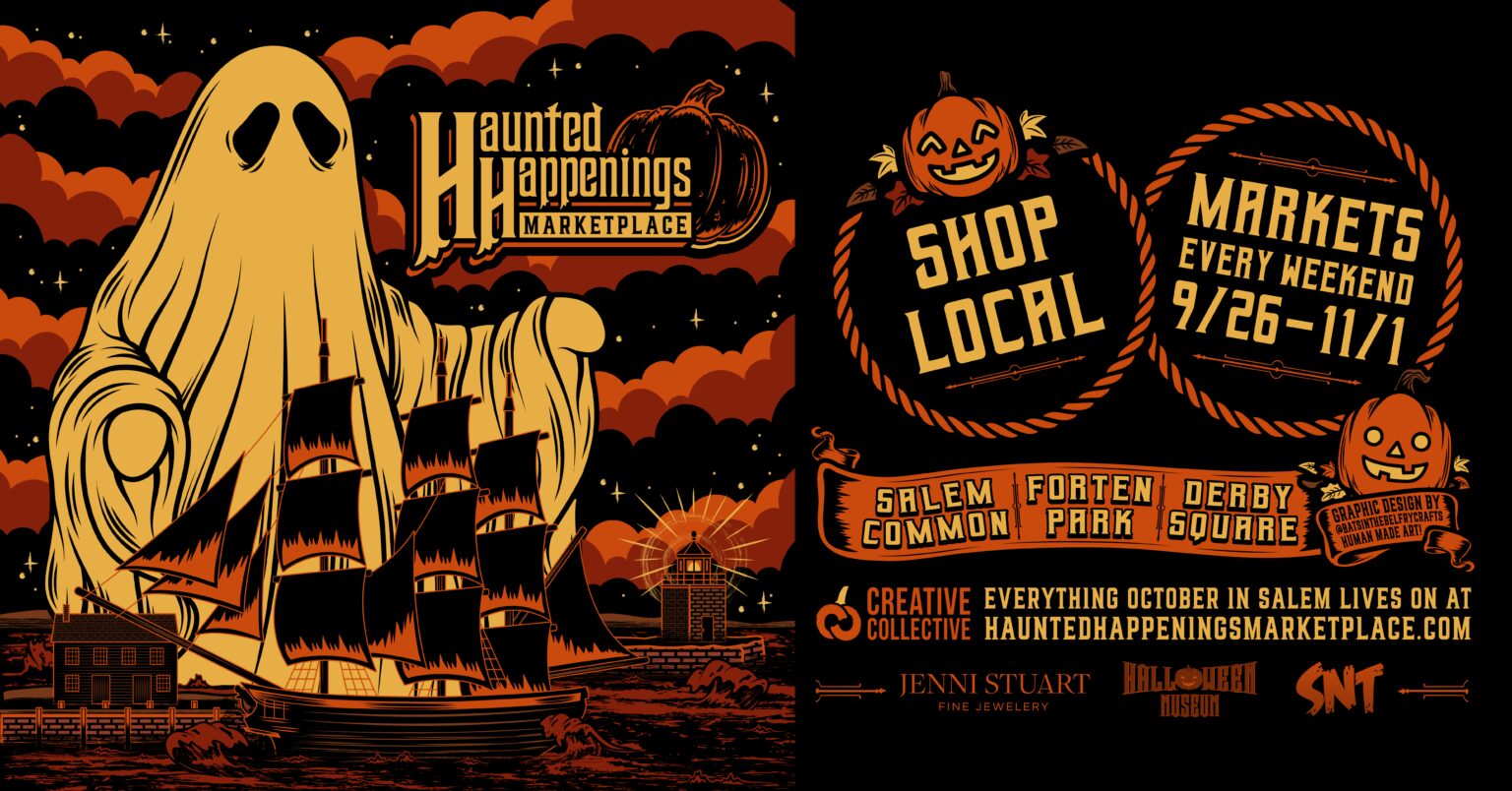 A ghost floats above a tall ship, pumpkin, and bats under the moon. Celebrate Haunted Happenings Marketplace—Salem events every weekend from 9/26–11/1 at Salem Common and more. Enjoy Halloween fun in classic orange and black!.