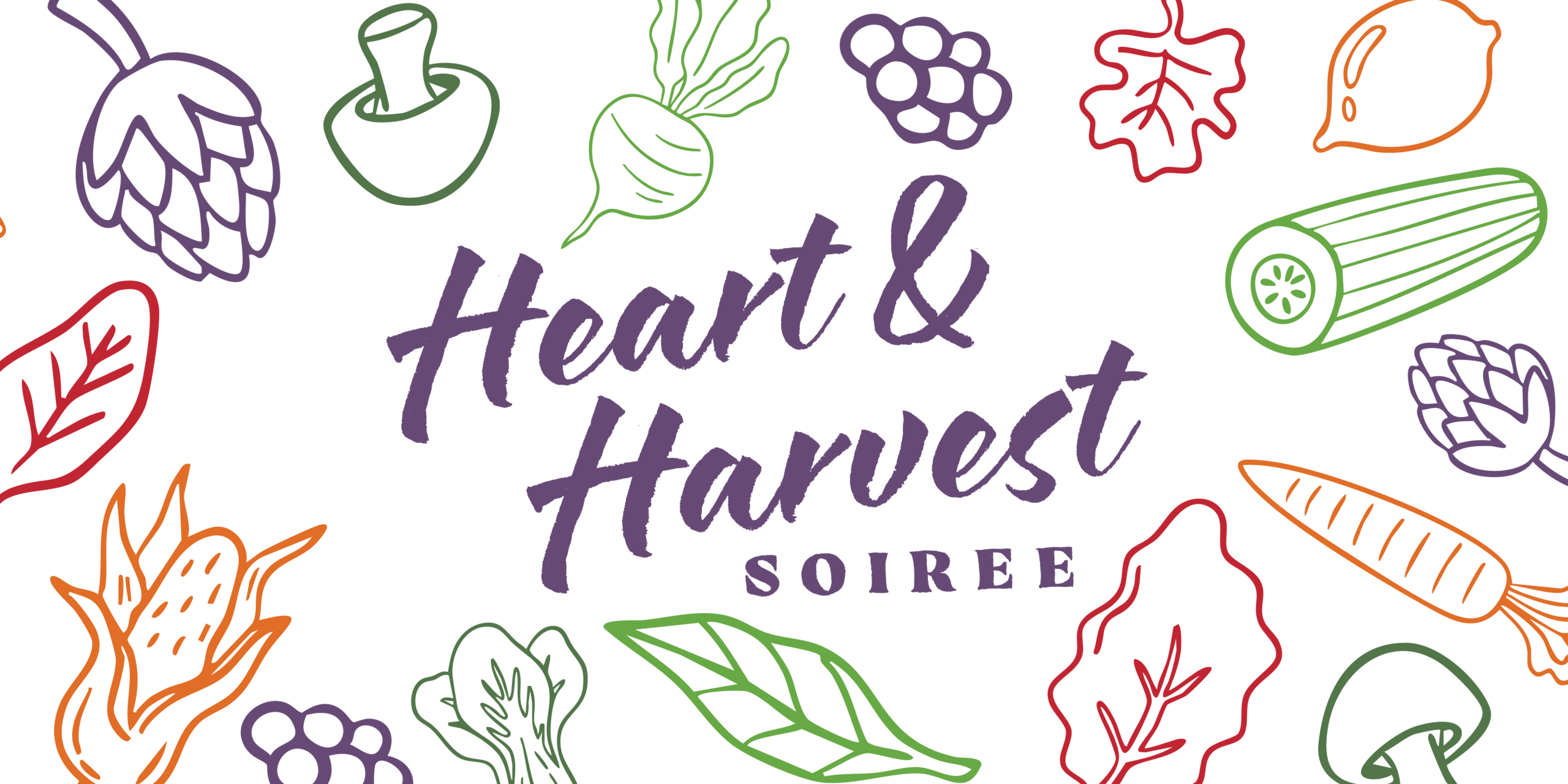 “Heart and Harvest Soiree” in bold purple script, framed by colorful outlines of vegetables, fruits, and leaves—cucumber, grapes, carrot, lemon, and assorted greens—stands out against a crisp white background.