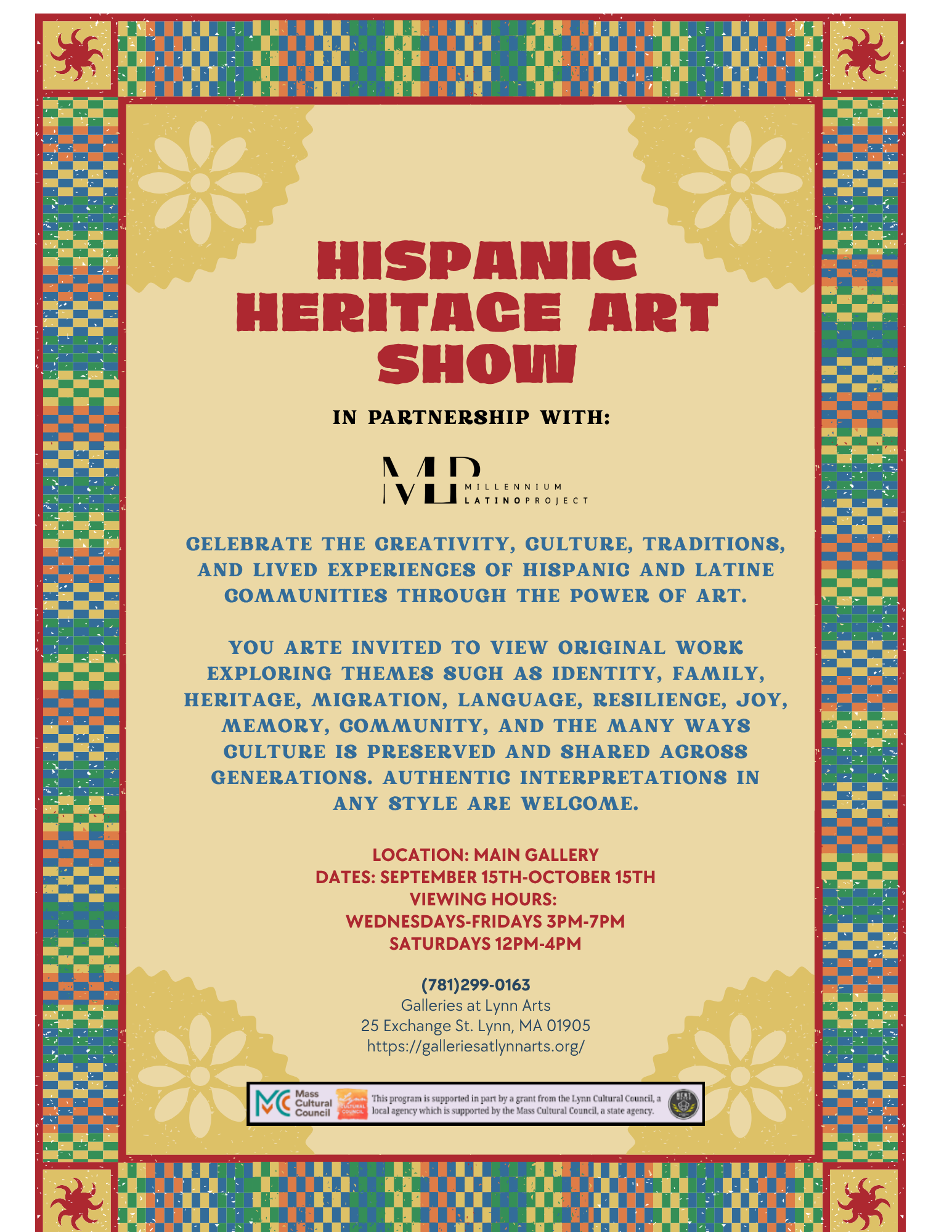 A colorful poster for the Hispanic Heritage Art Show, themed Unidos Por La Cultura, invites visitors to view original art by local artists highlighting the first gen experience, September 15–October 15, 2023, at the Main Gallery in Astoria, NY.