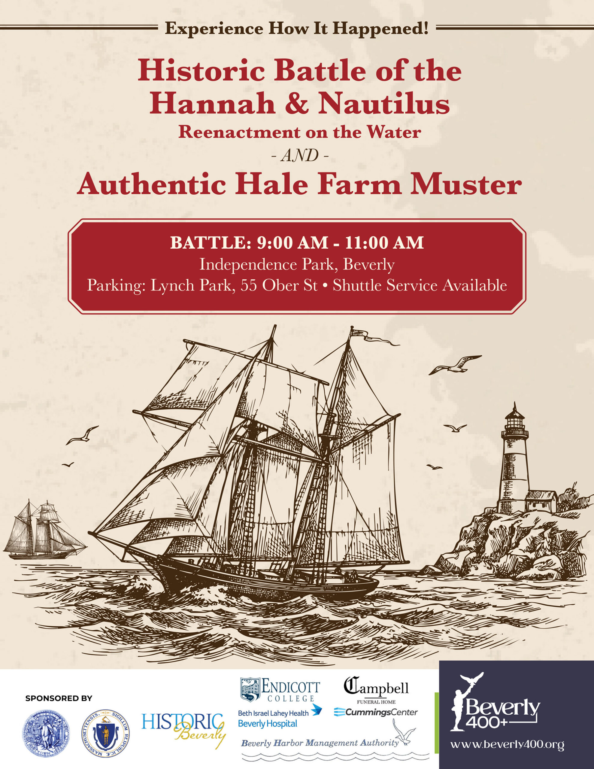 Illustrated poster for the “Historic Battle of the Hannah & Nautilus” reenactment and Hale Farm muster, showing ships near a lighthouse. Event is June 24, 9-11 AM, at Independence Park, Beverly, with parking and shuttle info. Sponsors and website listed.