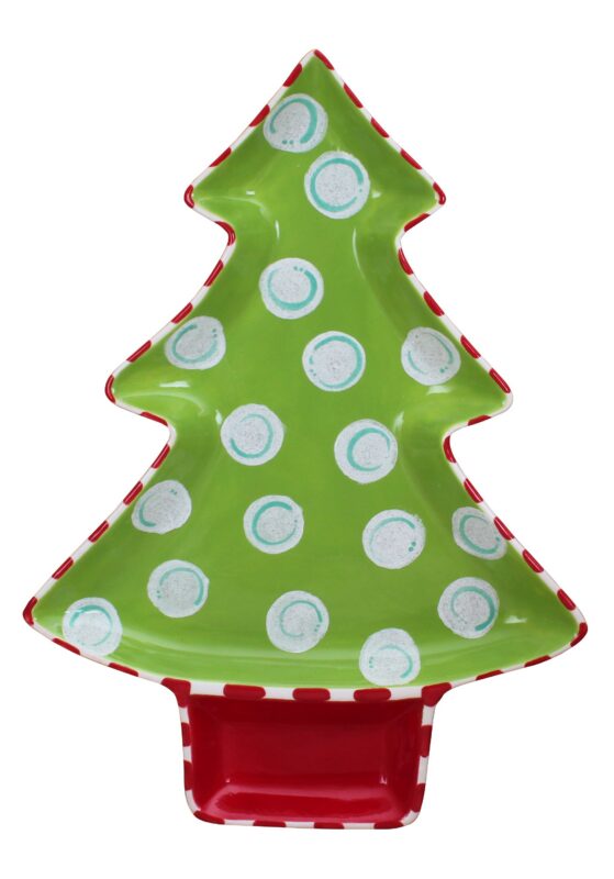 A ceramic Holly Days Platter shaped like a Christmas tree, painted green with white and blue polka dots, edged in red and white stripes. The square base is solid red with white stripes, perfect for festive treats.