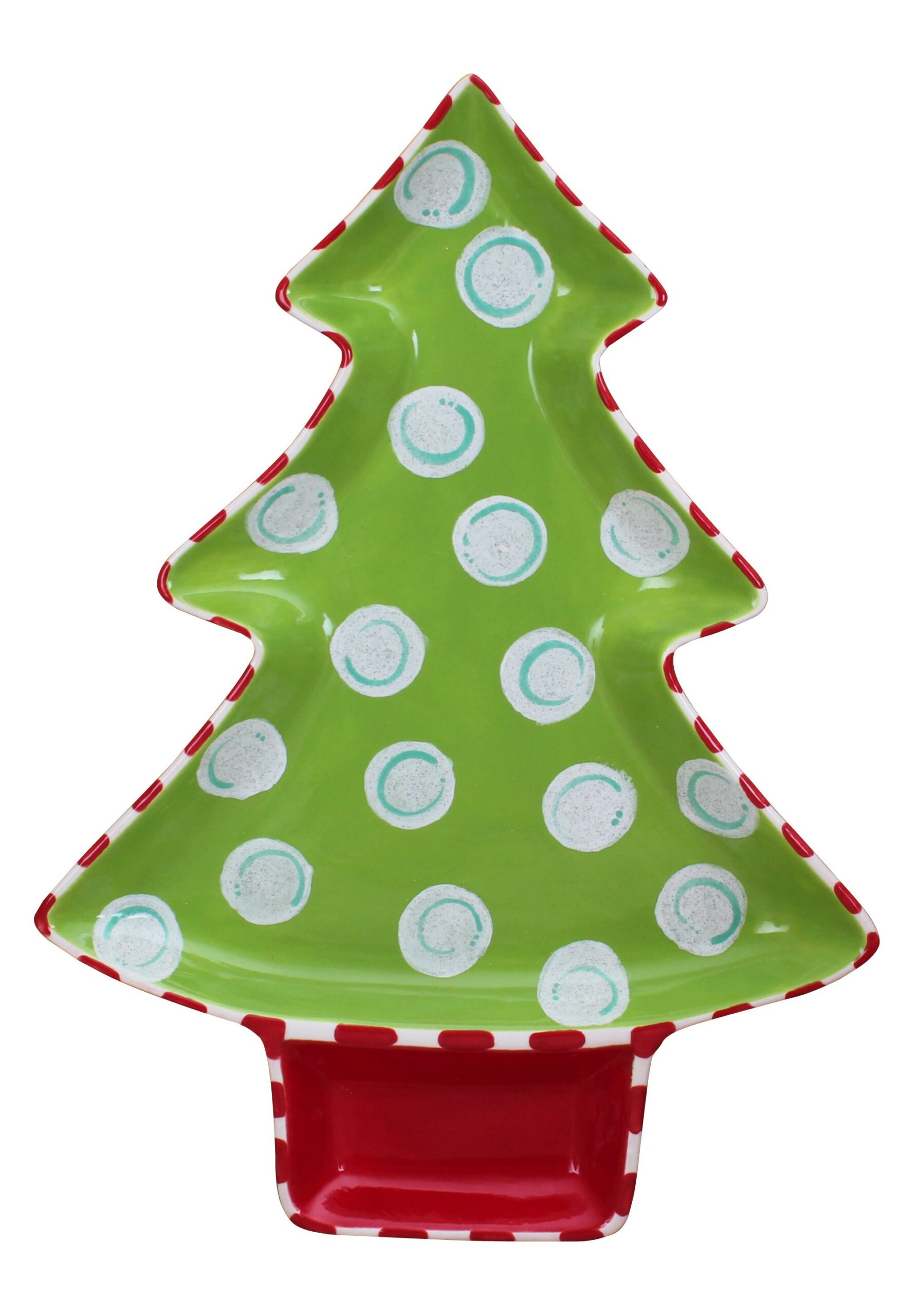 A ceramic Holly Days Platter shaped like a Christmas tree, painted green with white and blue polka dots, edged in red and white stripes. The square base is solid red with white stripes, perfect for festive treats.