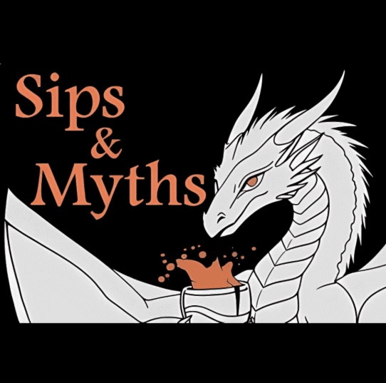 A white dragon holds a mug with orange liquid splashing out. “Sips and Myths” appears in bold orange letters on the left, set against a striking black background.