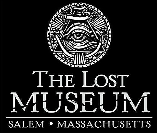 A circular eye-in-triangle symbol sits atop “The Lost Museum.” Below, “Salem, Massachusetts” is written. The black background and white text evoke the mystery found in PEM Gallery’s renowned displays.