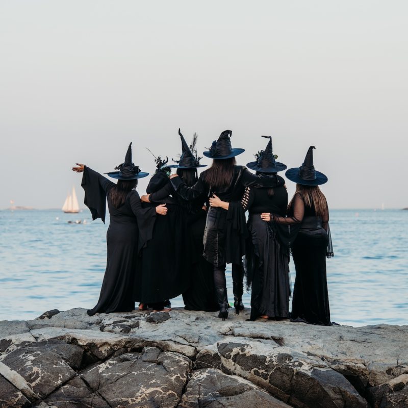 Six people in black dresses and Witch Hats stand arm in arm on a rocky wharf, gazing at the water. In the distance, a sailboat glides under the pale, clear sky—perfectly capturing Witch Hats on the Wharf.