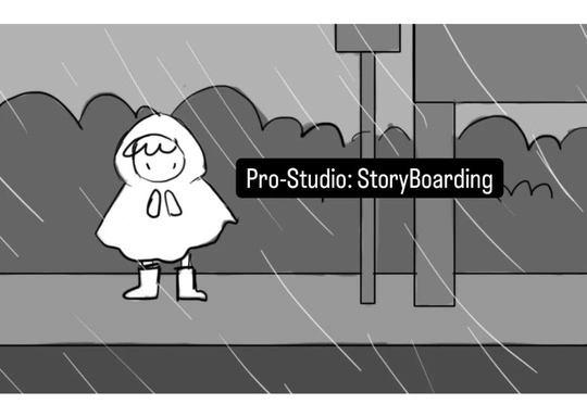 A cartoon figure in a hooded raincoat stands on a rainy sidewalk near a bus stop. Bushes are seen behind. Center text reads, “Pro-Studio: StoryBoarding.” Perfect for digital storyboarding or sketching ideas in Procreate.