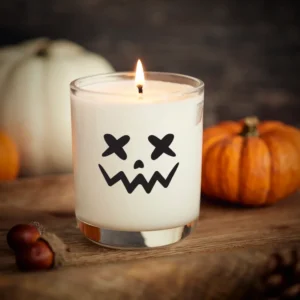 A white candle in a clear glass holder, featuring a black Jack-o’-lantern face, is lit—perfect for Essex County’s CCE Nightlife decor. Small pumpkins and acorns rest in the background on a wooden surface.