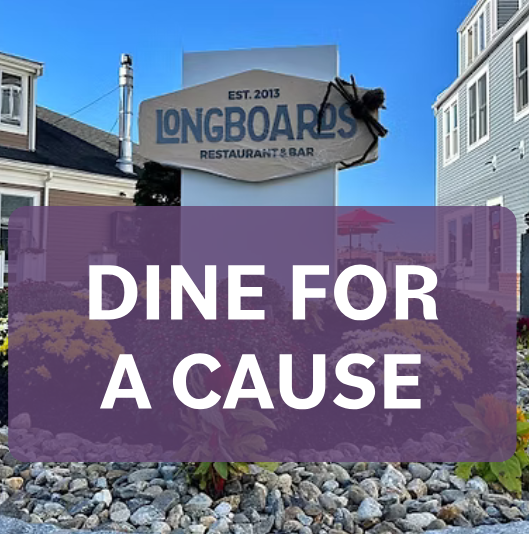 A wooden sign for Longboards Restaurant & Bar stands before a flower bed, with “DINE FOR A CAUSE” in large white letters—inviting all to a fundraising dinner and charity event supporting the community.