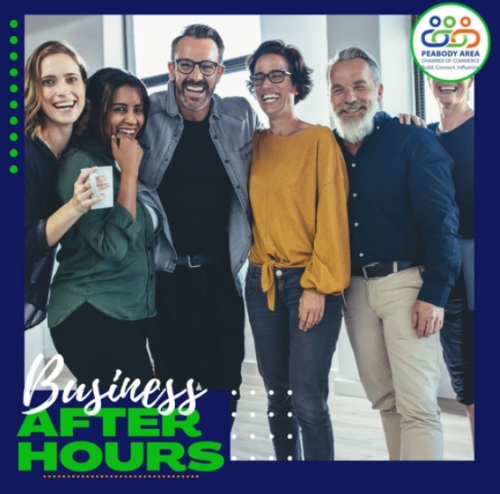 Five adults stand close together indoors, smiling at the camera—some holding drinks. The image features “Business After Hours” text and the Peabody Area Chamber of Commerce logo, highlighting a partnership with Community Credit Union in the upper right corner.