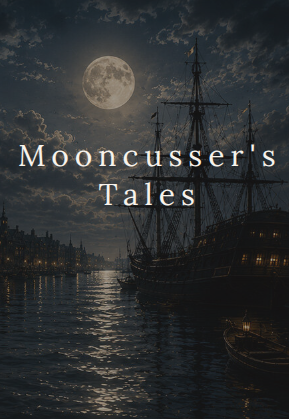 A large ship sits on calm water under a full moon at night, with city lights in the distance. The text “Mooncusser’s Tales” appears over the scene in large, white font.
