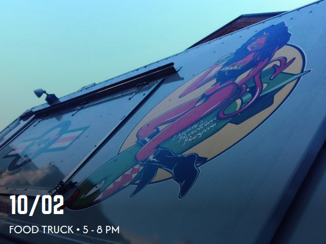 Side view of the Bonetown Burgers food truck with artwork of a woman on a green chili pepper, wearing boots. Date “10/02” and time “5 - 8 PM” with “FOOD TRUCK” in white at the bottom left. Known for their mouthwatering burgers.