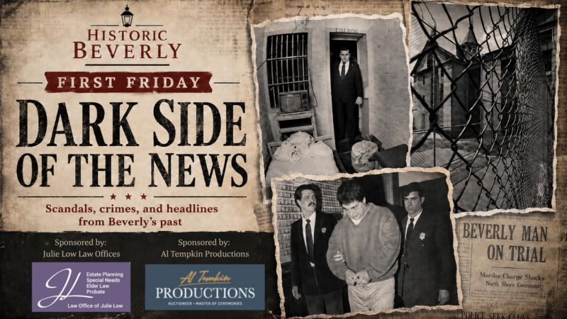 A promotional image for “Dark Side of the News” event in Beverly, featuring old newspaper clippings of crimes, a man being escorted by police, and headlines. Sponsors’ logos for Julie Low Law Offices and Al Tempkin Productions appear at the bottom.